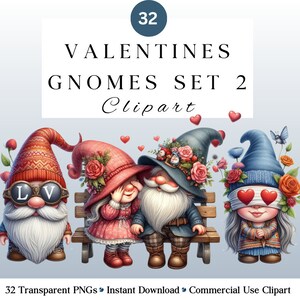 Valentines Gnome Clipart PNG Set 2 | Gnomes in Love | Watercolour Gnomes | DIY and Creators | Commercial Use | Planner | Journal