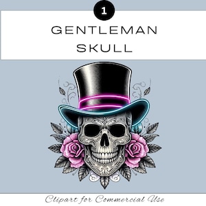 Gentleman Top Hut Schädel PNG Clipart | Single Halloween Pink Rosen Tshirt Sublimation | Junk Journal Scrapbooking | Kommerzielle Nutzung
