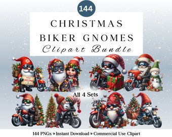 Christmas Biker Gnome Bundle | 144 Transparent and Opaque PNG | Watercolor PNG | Happy Holiday Motorcycle Gnomes