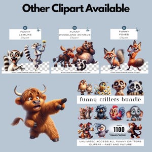 May include: A digital illustration of a collection of funny animal clipart. The clipart includes a lemur, woodland animals, foxes, and a variety of other critters. The text "funny critters bundle" and "over 1100 funny critters clipart currently included" is displayed on the image. The text "unlimited access all funny critters clipart - past and future" is also displayed on the image.