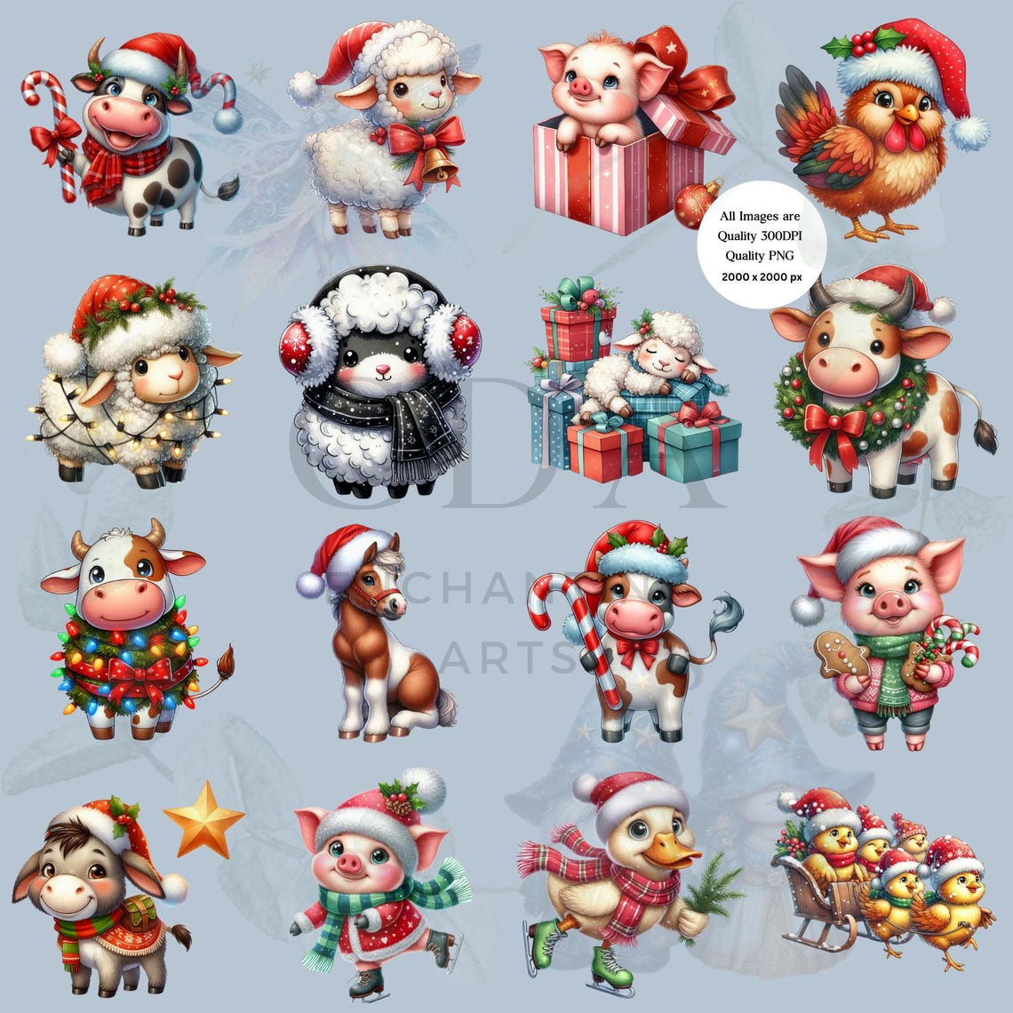 Christmas Farm Animals Clipart PNG Set | Cartoon Sublimation ...
