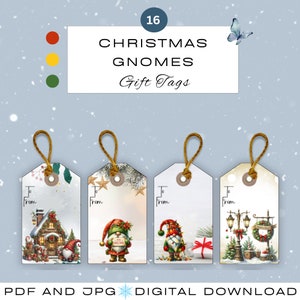 Christmas Gnomes Gift Tags |  16 Festive Tags | 11 x 8.5  and  PDF| JPGs | Traditional Christmas Colours | Junk Journal Ephemera | Gift