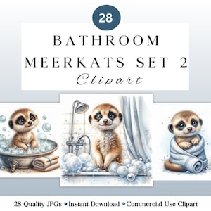 28 mignons cliparts aquarelle de suricate de salle de bain | Ménage pour enfants | Journal indésirable | Scrapbooking | Fabrication de cartes | Clipart