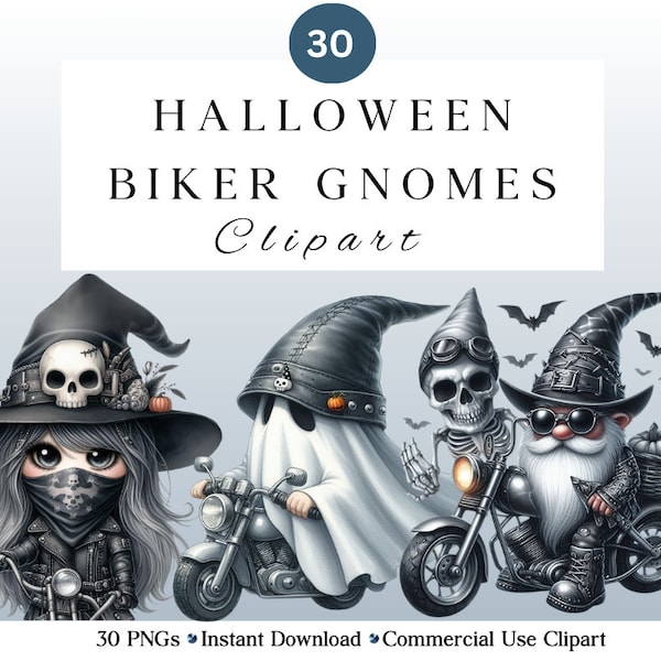 Cute Halloween Biker Gnome Clipart Set 2 | Whimsical Gnome | Watercolor PNG | Costume Hnomes with Motorbikes