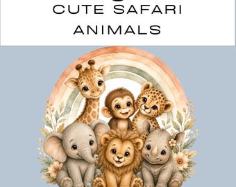 Niedliche Safari-Tier-Cliparts im Paket | Aquarell-PNG für Babyparty & Kinderzimmer | 300 dpi | Sofortiger digitaler Download | Kommerzielle Nutzung