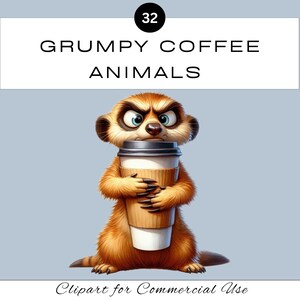 Può includere: Illustrazione di un suricato arrabbiato che tiene in mano una tazza di caffè. Il suricato ha la pelliccia arancione, grandi occhi e un'espressione severa. L'immagine include il testo "GRUMPY COFFEE ANIMALS" e "Clipart for Commercial Use".