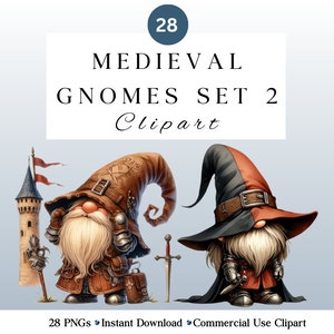 28 Cute Medieval Gnomes Clipart PNG Set 2 | Gnome Knghts | Watercolour Gnomes | DIY and Creators | Commercial Use