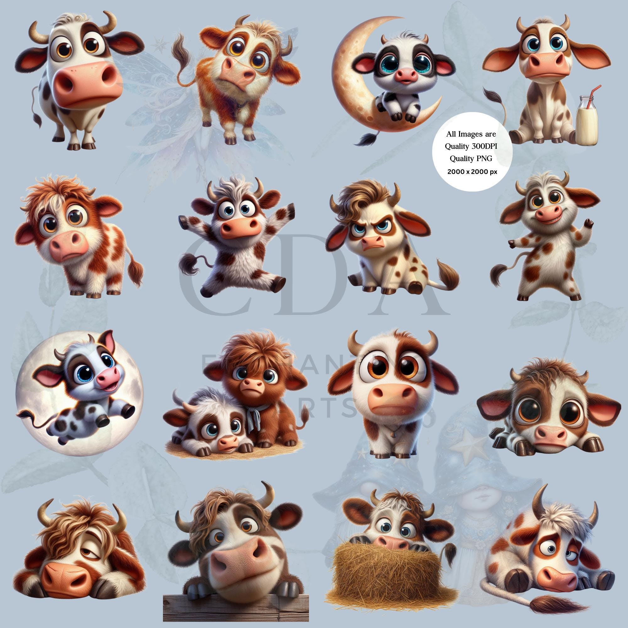 Funny Cow Clipart PNG Bundle | Cute Quirky Farm Animal | Calf Baby Cow ...