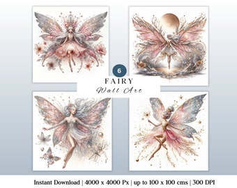 Può includere: Quattro stampe artistiche da parete quadrate con illustrazioni ad acquerello di fate con ali dettagliate, abiti e accenti floreali. Le stampe hanno una morbida tavolozza di colori rosa, oro e argento. Il testo sull'immagine recita "FAIRY Wall Art".