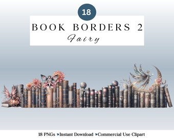 Fairy Book Border Clipart PNG Set 2 | Bookshelf Watercolor Clipart | Book Rows and Bookends | Cute Transparent PNG ) Bonus Bookcase PNG