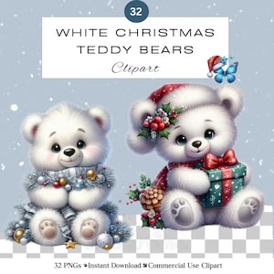 Set di clipart PNG di orsacchiotti bianchi di Natale / Orsacchiotto di peluche festivo con acquerello per le vacanze / Scrapbooking di diario spazzatura / Uso commerciale