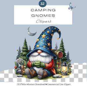 Lindo gnomo de campamento PNG Clipart / Gnomo de campamento de acuarela / Gnomos de observación de aves para senderismo, pesca / Tarjetas de invitación, diario basura, álbum de recortes