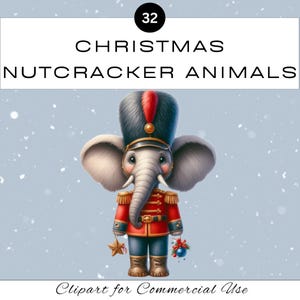 Può includere: Un'illustrazione di un elefante vestito da soldato schiaccianoci natalizio. L'elefante indossa un'uniforme rossa e oro, un cappello nero alto e tiene in mano una stella e un ornamento natalizio. Il testo "Christmas Nutcracker Animals" è incluso.