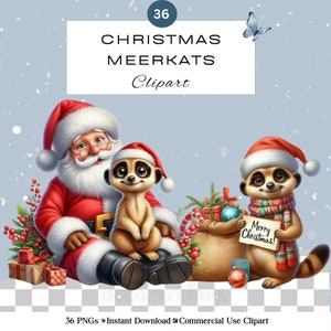 Grappige stokstaartje kerst PNG-clipartset | Leuke rommeljournaal Scrapbooking dieren | Kerstkaart | Commercieel gebruik