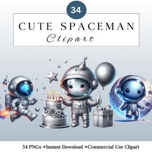 Lindo paquete de imágenes prediseñadas de astronauta / Imágenes PNG del espacio / Imágenes prediseñadas de astronauta y luna / Uso comercial / Tarjeta de invitación de cumpleaños espacial