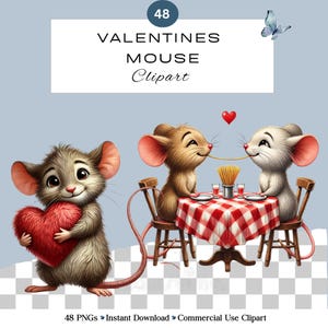 Paquete de imágenes prediseñadas de ratón de San Valentín / Ratones adorables, romance, diario basura, álbum de recortes, aula, redes sociales, uso comercial