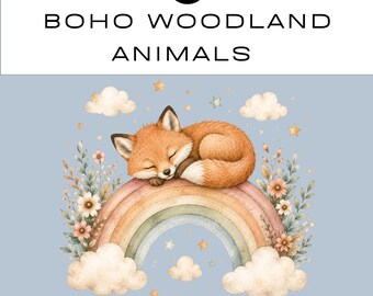 Boho-Waldtier-Clipart-Bundle | Aquarell-PNG | 300 dpi | Partyszene enthalten | Sofortiger digitaler Download | Kommerzielle Nutzung
