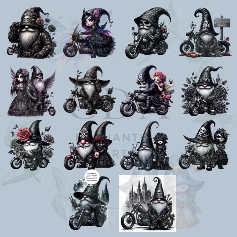 Gothic Biker Gnome PNG Clipart Bundle | Watercolor Motorbike Motorcycle Sublimation | Junk Journal Scrapbook | Commercial Use
