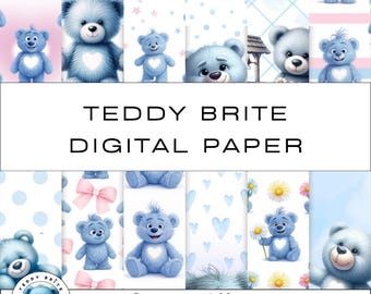 Teddy Brite Digital Papers Pack | 12 Teddy Bear Backgrounds | Scrapbook Paper Printable | Cute Pastel Patterns | 12x12 JPG