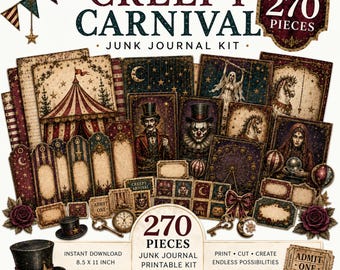 Gruseliges Karneval-Junk-Journal-Set – 270 Teile | 48 druckbare Seiten | Halloween-Zirkus-Materialien | PDF-Download