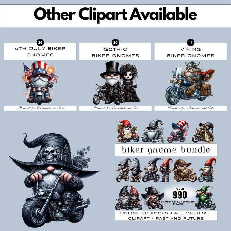 Pacchetto di clipart PNG con gnomi motociclisti gotici / Motocicletta ad acquerello con stampa a sublimazione / Album di ritagli di giornale / Uso commerciale immagine 6