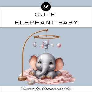 May include: A cute grey baby elephant with pink ears sits on a pink blanket. A wooden mobile with grey and pink elephant toys hangs above the baby elephant.