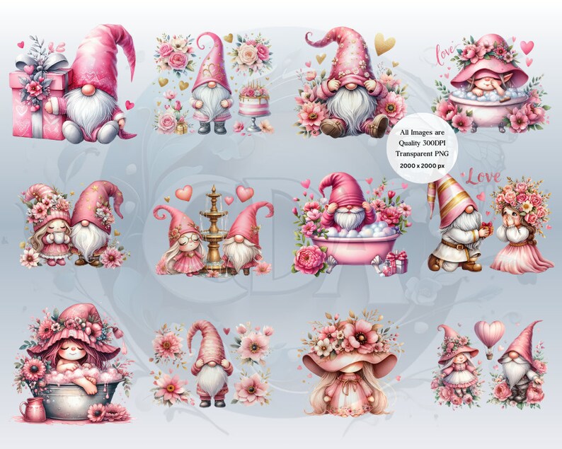 22 Pink Valentine Gnomes Clipart PNG Set 2 | Romantic Gnomes ...