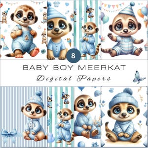 Baby Boy  Meerkat Digital Paper Seamless Pattern | Watercolor Meerkat | Printable Paper Set | Scrapbooking Paper | Crafts | Baby Meerkats