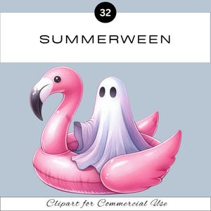 May include: A pink flamingo inflatable pool toy with a white ghost figure. The image has the text "SUMMERWEEN" and "Clipart for Commercial Use". The flamingo has a black beak and the ghost has two black eyes.