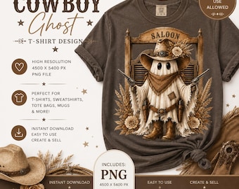 Cowboy-Geist-PNG-Clipart | Druckvorlage | Halloween-Western-Digitaldownload | Gruseliges rustikales Geisterdesign | Kommerzielle Nutzung