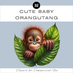 Könnte beinhalten: Digitale Illustration eines Baby-Orang-Utans, das hinter zwei großen grünen Blättern hervorlugt. Der Orang-Utan hat braunes Fell und einen lächelnden Gesichtsausdruck. Der Text oben lautet "CUTE BABY ORANGUTAN" und unten "Clipart for Commercial Use."