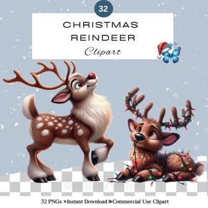 Set di clipart PNG di renne di Natale / Decorazioni festive ad acquerello per le vacanze / Divertenti, carine e stravaganti / Album di ritagli di giornale spazzatura / Uso commerciale