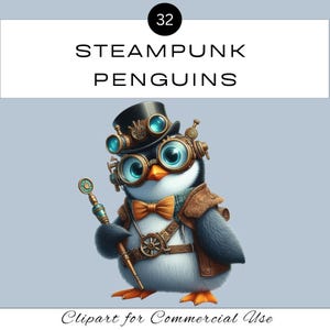 Paquete de imágenes prediseñadas de pingüinos steampunk / Imágenes prediseñadas PNG de pájaros lindos / Sublimación de animales divertidos y peculiares / Diario de recortes / Uso comercial