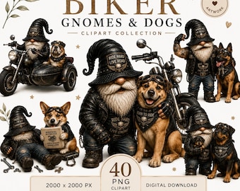 Motorrad-Gnome & Hunde PNG-Clipart-Bundle | Lustiger Motorrad-Gnom | 300 DPI | Sofortiger digitaler Download | Kommerzielle Nutzung