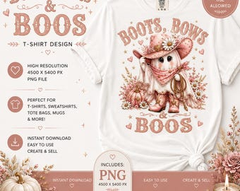 Schleifen, Stiefel & Geister (PNG-Clipart) | Pinkes Western-Geister-Halloween-T-Shirt-Design | Cowgirl-Halloween (PNG) | Digitaler Download | Kommerzielle Nutzung