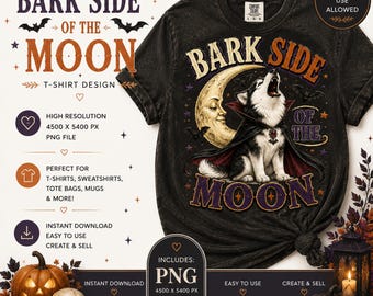 „Bark Side of the Moon“ (PNG) | Lustiges Halloween-T-Shirt-Design mit Husky | Gruseliges Design für Hundeliebhaber (Sublimation) | Digitaler Download | Kommerzielle Nutzung