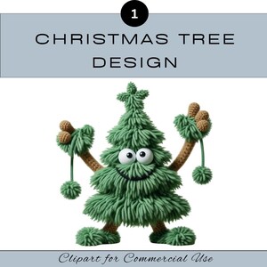 May include: A cartoon-style green Christmas tree with large eyes and a smiling face, holding ornaments. The image includes the text "CHRISTMAS TREE DESIGN" and "Clipart for Commercial Use".