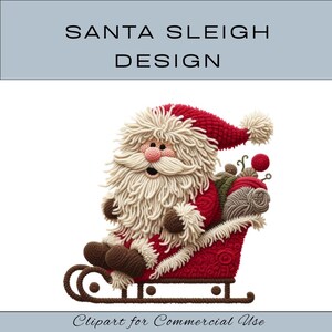 May include: A festive illustration of Santa Claus in a red sleigh. Santa is wearing a red hat and coat with white trim, and has a long white beard. The sleigh is red and filled with gifts. Text at the top reads "SANTA SLEIGH DESIGN" and at the bottom "Clipart for Commercial Use."