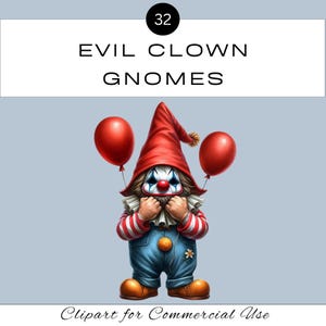 Paquete de imágenes prediseñadas PNG de gnomos payasos malvados / Acuarela de terror, Halloween espeluznante / Invitación para álbum de recortes de revista basura / Uso comercial