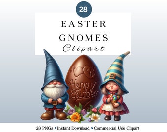 28 Cute Easter Gnomes Clipart PNG | Watercolour Gnomes | Easter Eggs and Bunny | DIY and Creators | Commercial Use