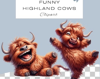 Funny Highland Cow Clipart PNG Bundle | Cute Highland Cows | Junk Journal Scrapbooking | Quirky Animals | Commercial Use
