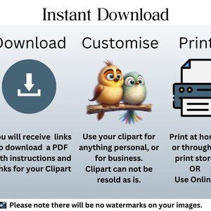 May include: Instant download graphic with three sections: Download, Customize, and Print. The Download section shows a blue circle with a white downward arrow and a white box. The Customize section shows two cartoon birds on a branch. The Print section shows a printer with a sheet of paper coming out of it. The text below the sections describes the process of downloading, customizing, and printing the clipart. The text also states that there will be no watermarks on the images.