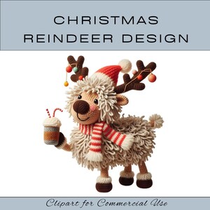 May include: A crocheted reindeer design wearing a red and white Santa hat and a striped scarf, with decorative antlers. The reindeer holds a small cup with a straw. The image includes the text "Christmas Reindeer Design" and "Clipart for Commercial Use."