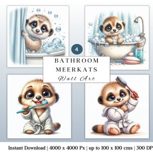 4 jolies affiches d'art murales suricates pour salle de bain | Décoration de salle de bain pour enfants | Journal indésirable | Scrapbooking | Fabrication de cartes | Clipart | Jusqu'à 100 x 100 cm