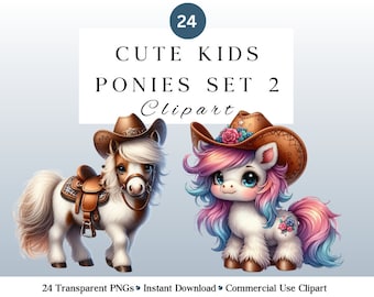 24 Cute Watercolour Pony Clipart PNG Set 2 | Kids Ponies | Western Ponies | DIY and Creators | Commercial Use