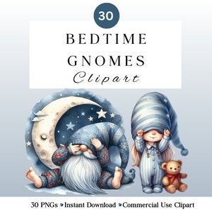 30 Cute Bedtime Gnomes Clipart PNG | Watercolour Sleepy Gnomes | Gnomes in Bed in Pajamas | DIY and Creators | Commercial Use