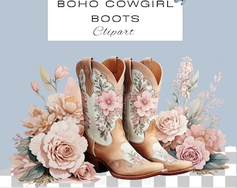 Boho Floral Cowgirl Boots Clipart PNG | Junk Journal Scrapbook | Cowboy Western Party | Commercial Use