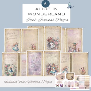 Alice In Wonderland Junk Journal Pages |  6 Digital JPG Journal Pages | 11 x 8.5 | Junk Journal | Free Ephemera