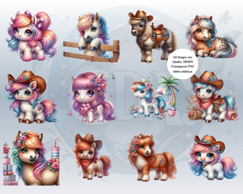 24 Cute Watercolour Poniy Clipart PNG Set 2 | Kids Ponies | Western Ponies | DIY and Creators | Commercial Use