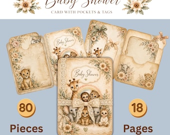 Babyparty-Karten-Set mit Safari-Tieren | Über 80 druckbare Vorlagen | DIY-Folio-Set | PDF-Download